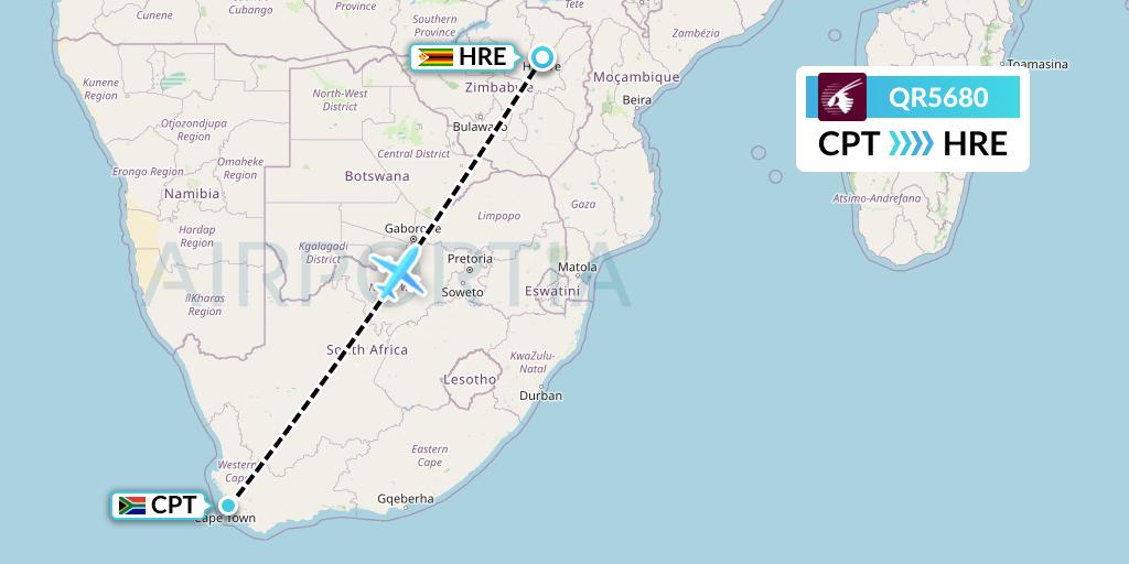 QR5680 Qatar Airways Flight Map: Cape Town to Harare