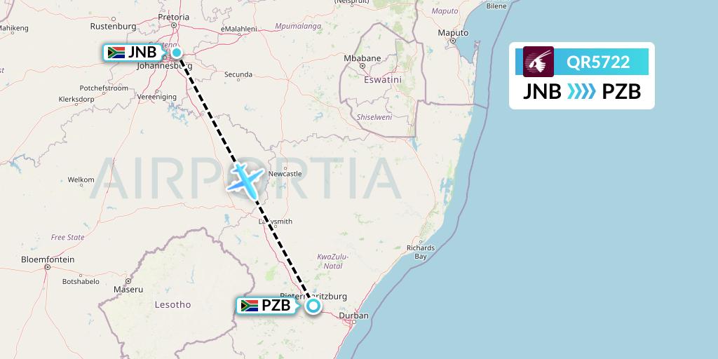 QR5722 Qatar Airways Flight Map: Johannesburg to Pietermaritzburg