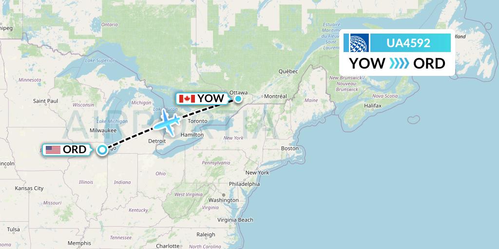 UA4592 United Airlines Flight Map: Ottawa to Chicago