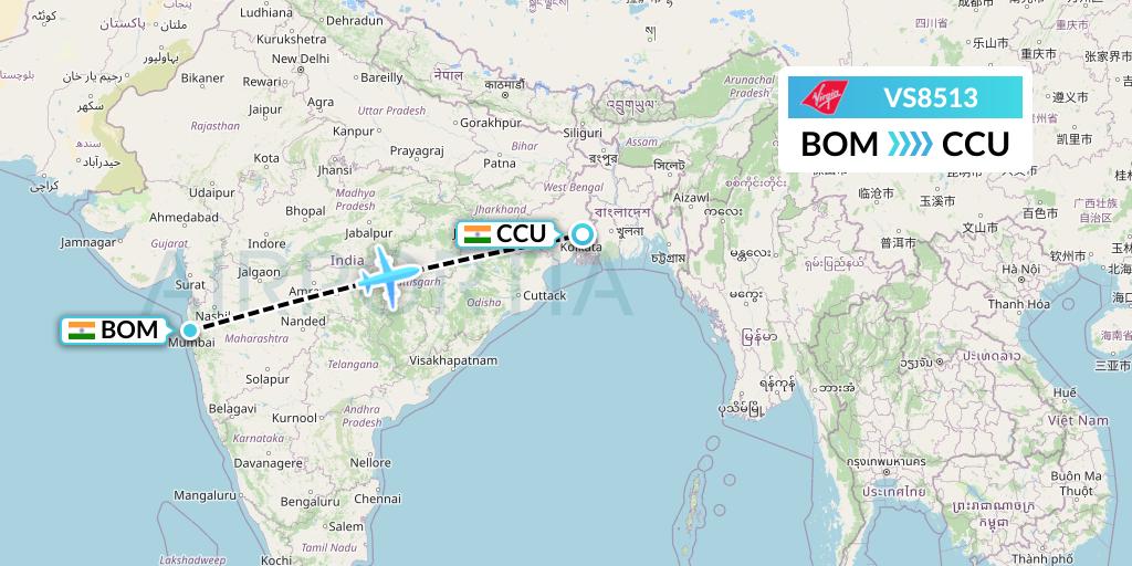 VS8513 Virgin Atlantic Airways Flight Map: Mumbai to Kolkata