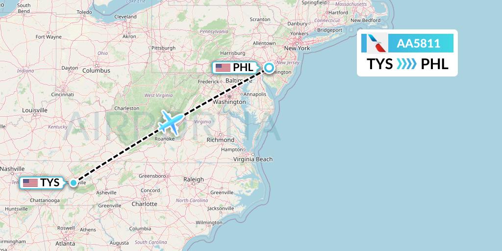 AA5811 American Airlines Flight Map: Knoxville to Philadelphia