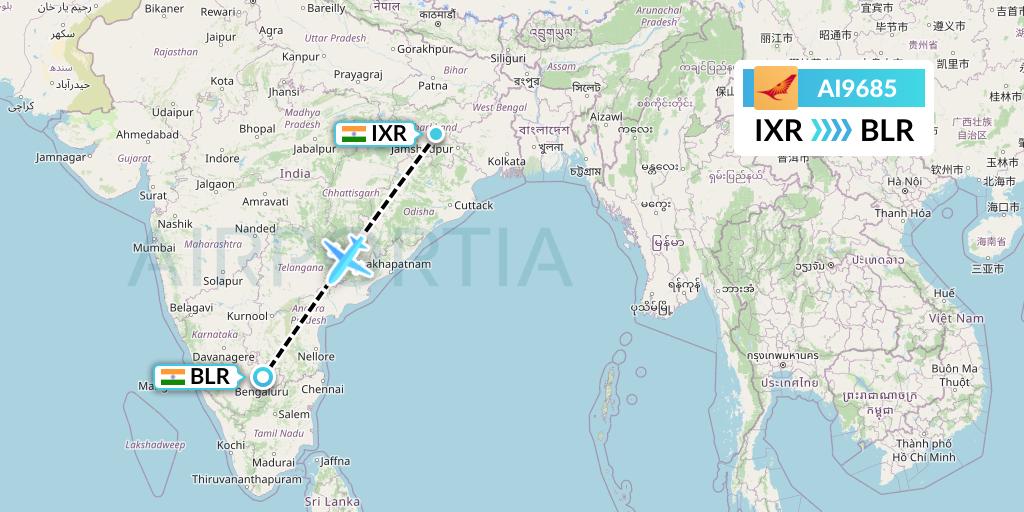 AI9685 Air India Flight Map: Ranchi to Bangalore