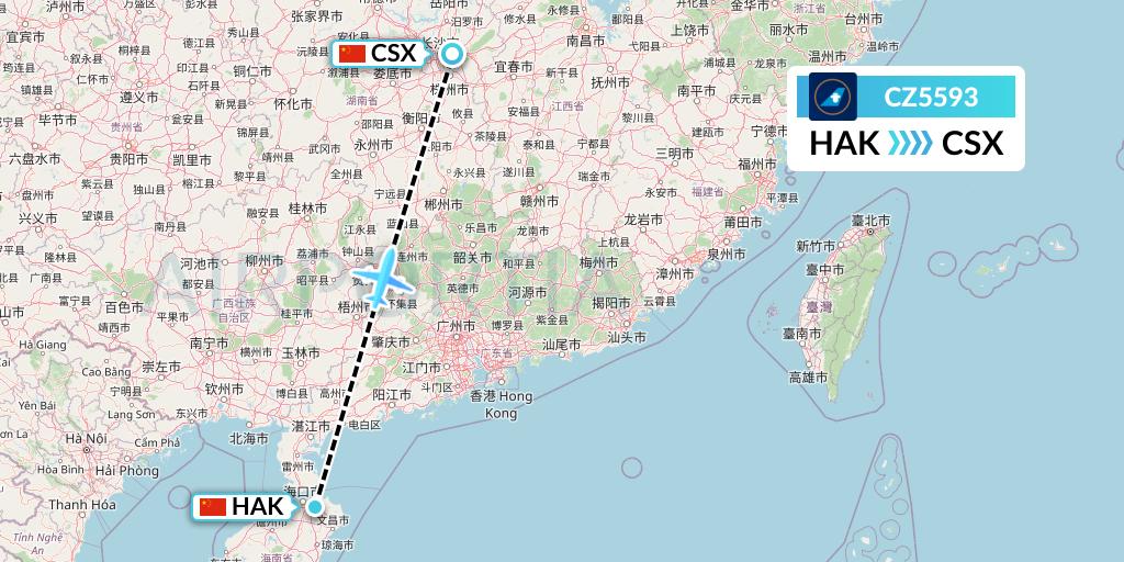 CZ5593 China Southern Airlines Flight Map: Haikou to Changsha