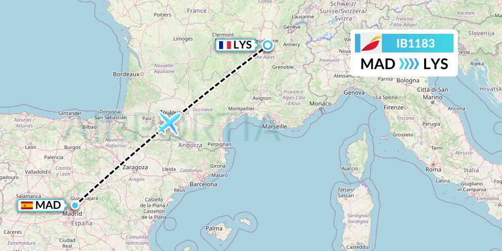 IB1183 Iberia Flight Map: Madrid to Lyon