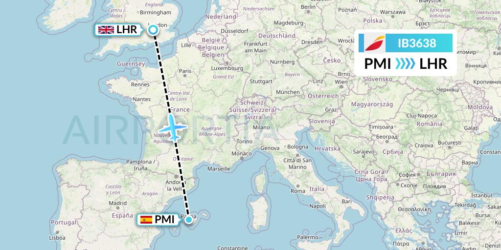IB3638 Iberia Flight Map: Palma de Mallorca to London