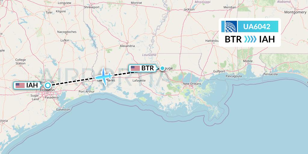 UA6042 United Airlines Flight Map: Baton Rouge to Houston
