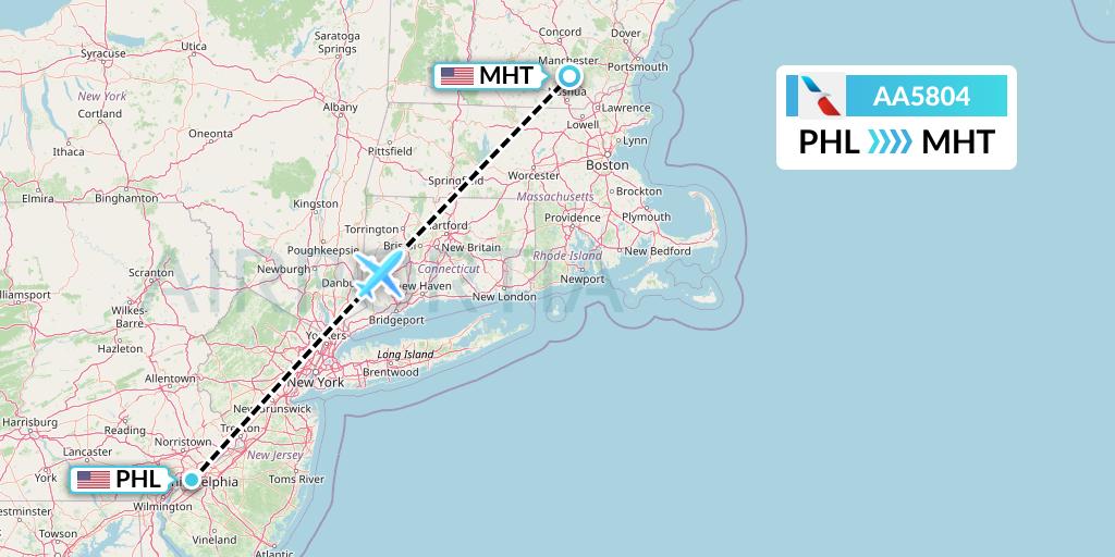 AA5804 American Airlines Flight Map: Philadelphia to Manchester