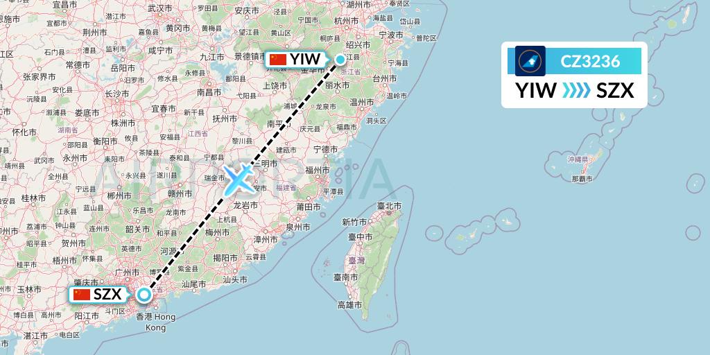 CZ3236 China Southern Airlines Flight Map: Yiwu to Shenzhen