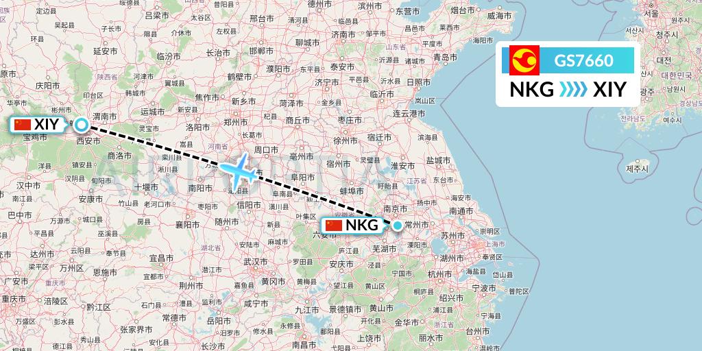 GS7660 Tianjin Airlines Flight Map: Nanjing to Xi'an