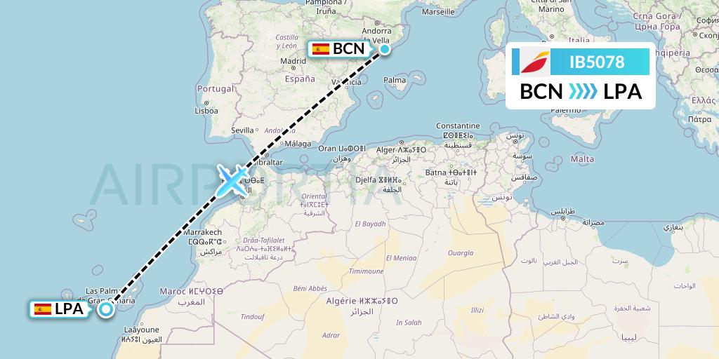 IB5078 Iberia Flight Map: Barcelona to Las Palmas