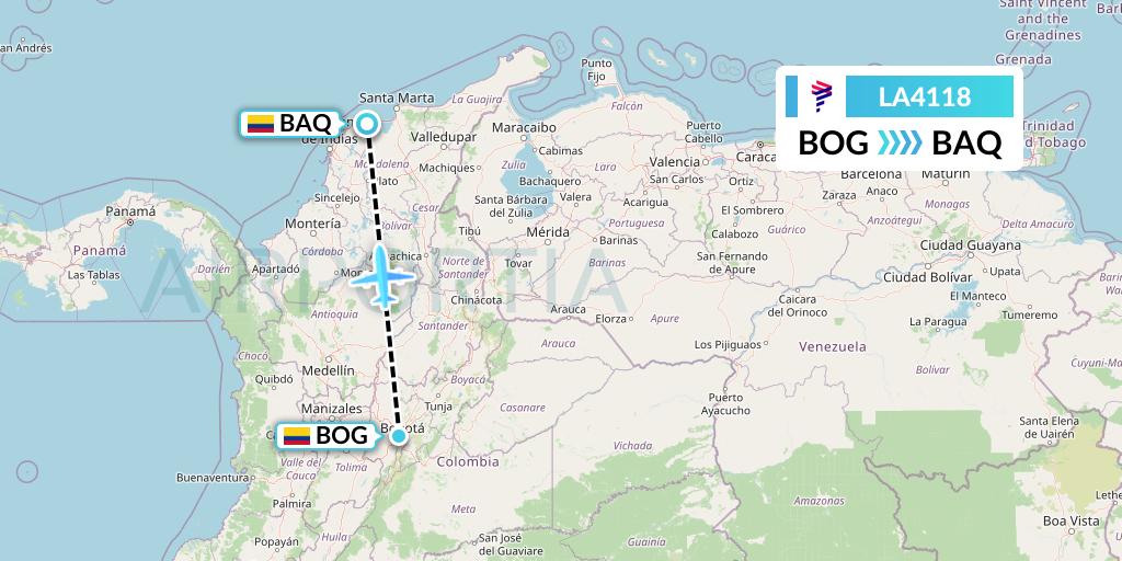 LA4118 LAN Airlines Flight Map: Bogota to Barranquilla