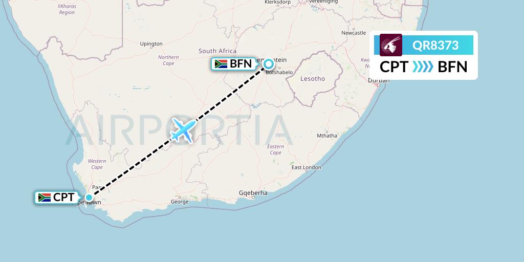 QR8373 Qatar Airways Flight Map: Cape Town to Bloemfontein