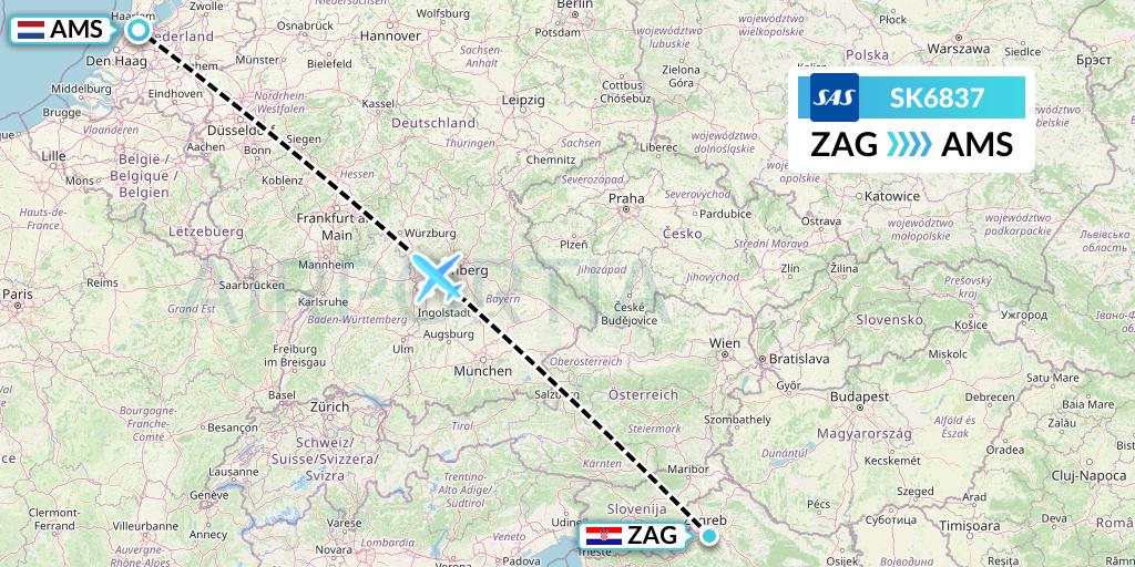 SK6837 SAS Flight Map: Zagreb to Amsterdam