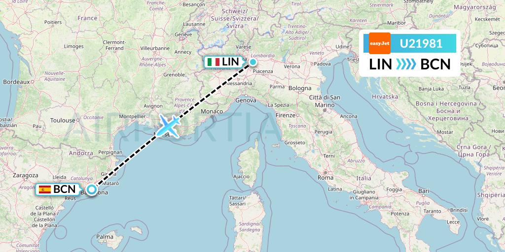 U21981 EasyJet Flight Map: Milan to Barcelona
