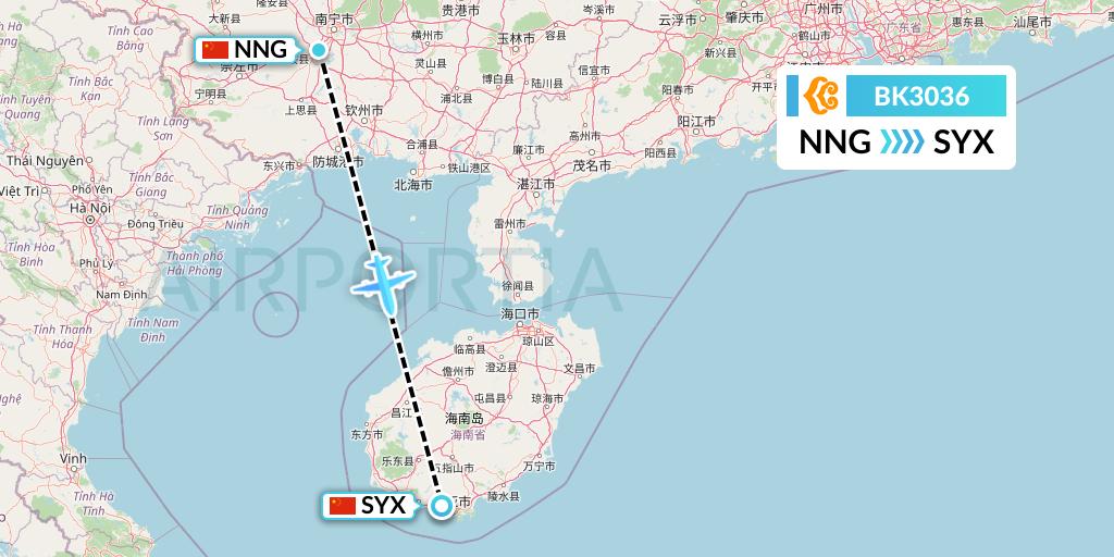 BK3036 Okay Airways Flight Map: Nanning to Sanya