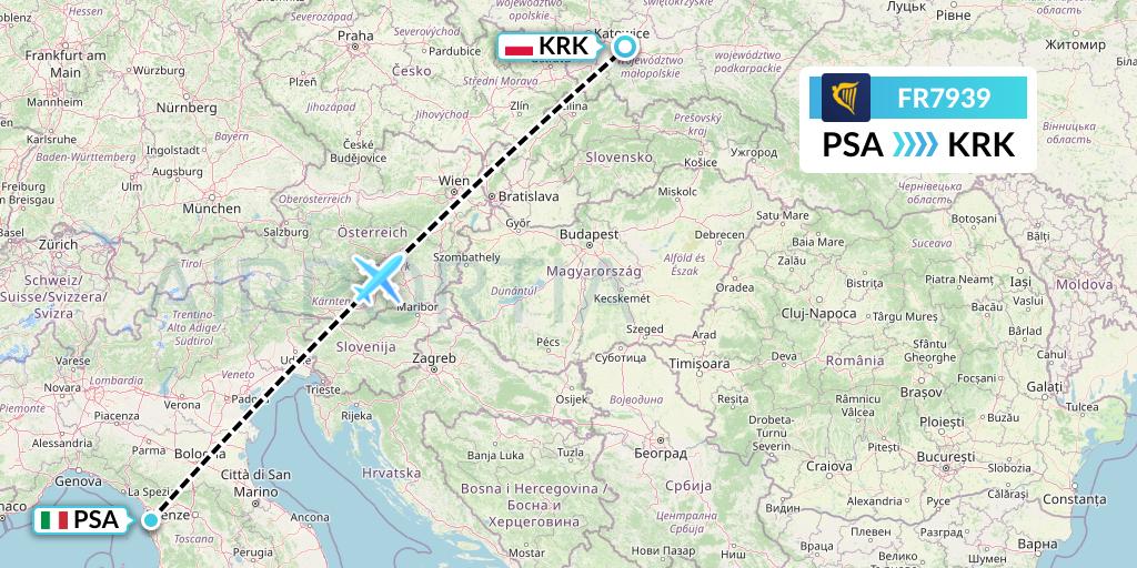 FR7939 Ryanair Flight Map: Pisa to Krakow