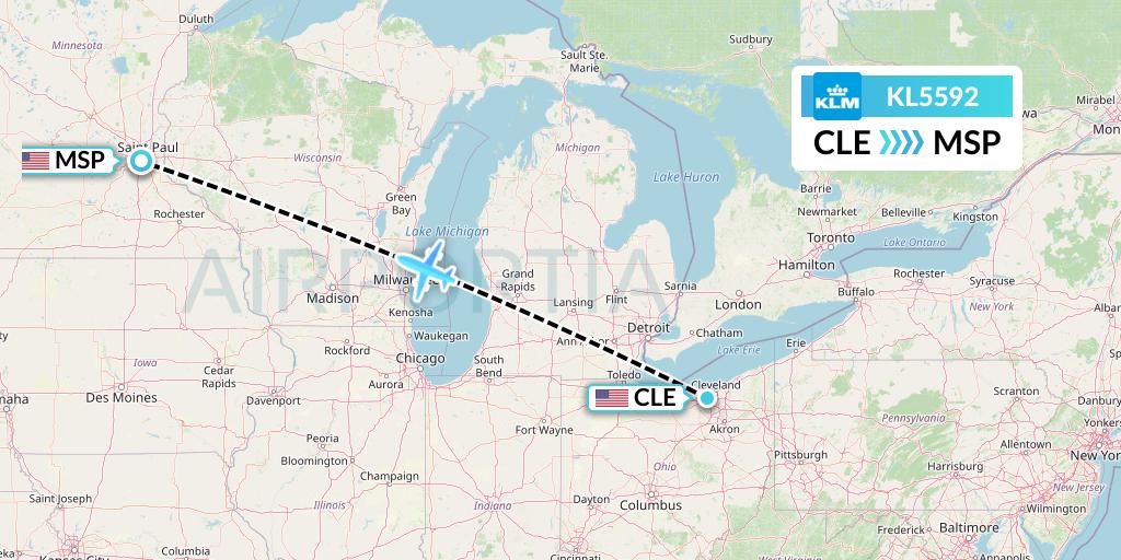 KL5592 KLM Flight Map: Cleveland to Minneapolis