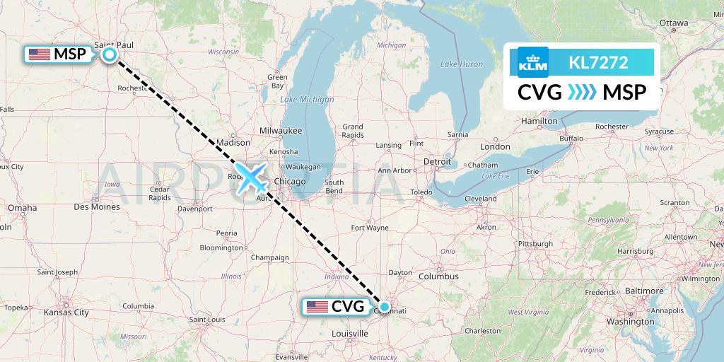 KL7272 KLM Flight Map: Cincinnati to Minneapolis