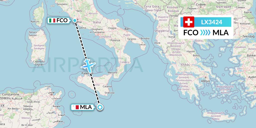 LX3424 Swiss Flight Map: Rome to Malta