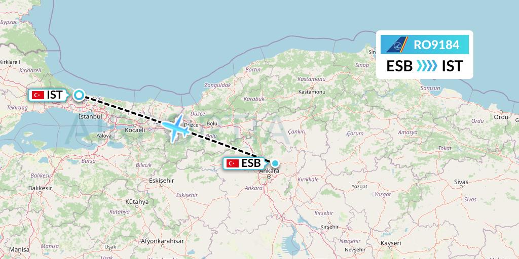 RO9184 Tarom Flight Map: Ankara to Istanbul