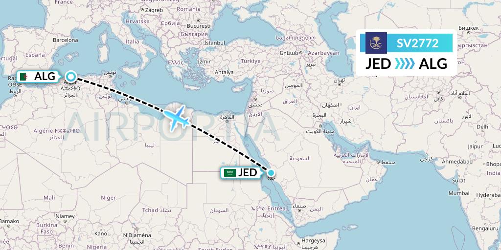 SV2772 Saudi Arabian Airlines Flight Map: Jeddah to Algiers