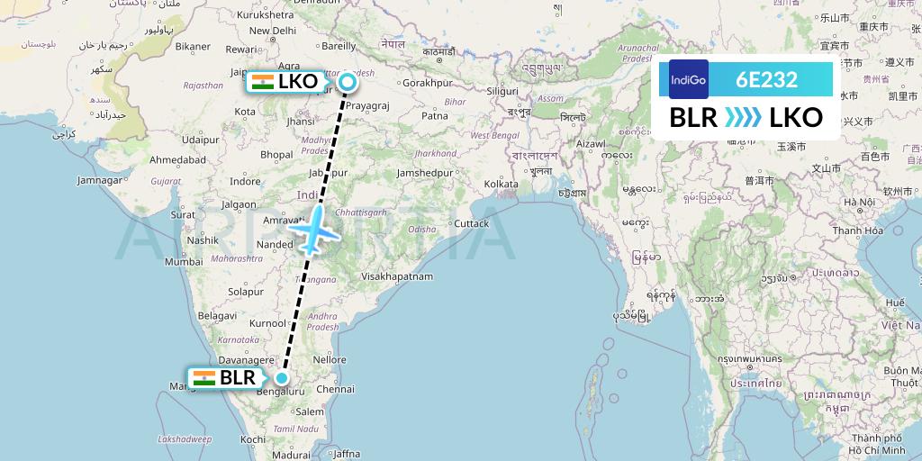 6E232 IndiGo Airlines Flight Map: Bangalore to Lucknow