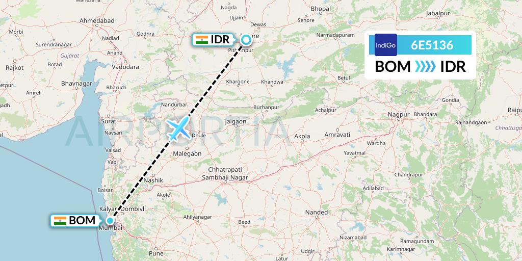 6E5136 IndiGo Airlines Flight Map: Mumbai to Indore