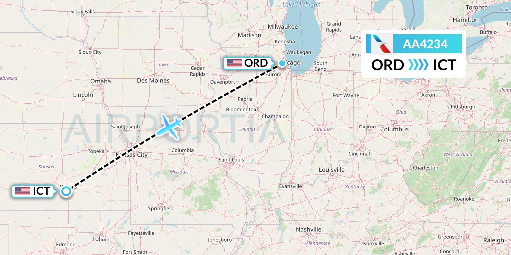 AA4234 American Airlines Flight Map: Chicago to Wichita