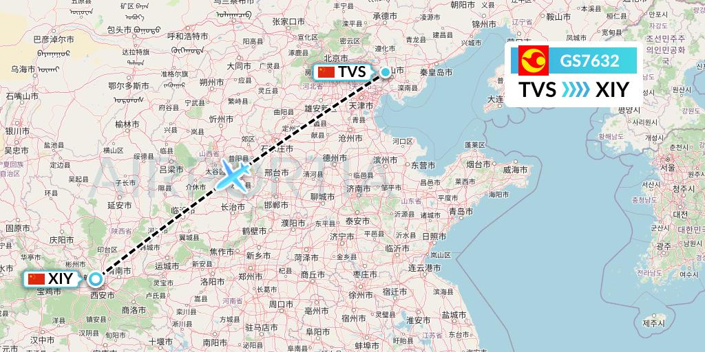 GS7632 Tianjin Airlines Flight Map: Tangshan to Xi'an