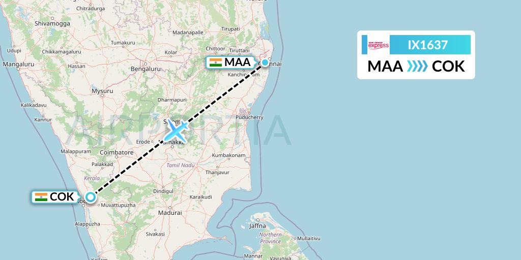 IX1637 Air India Express Flight Map: Chennai to Cochin