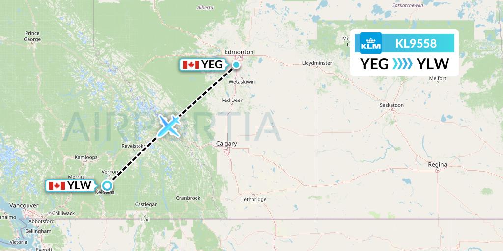 KL9558 KLM Flight Map: Edmonton to Kelowna
