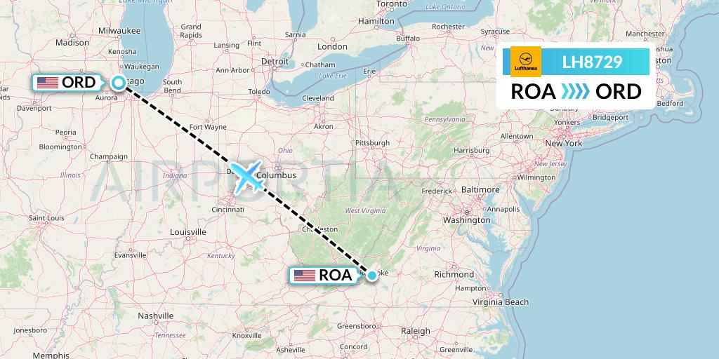 LH8729 Lufthansa Flight Map: Roanoke to Chicago