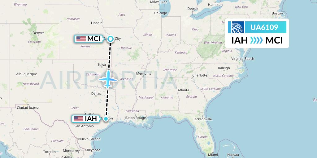 UA6109 United Airlines Flight Map: Houston to Kansas City