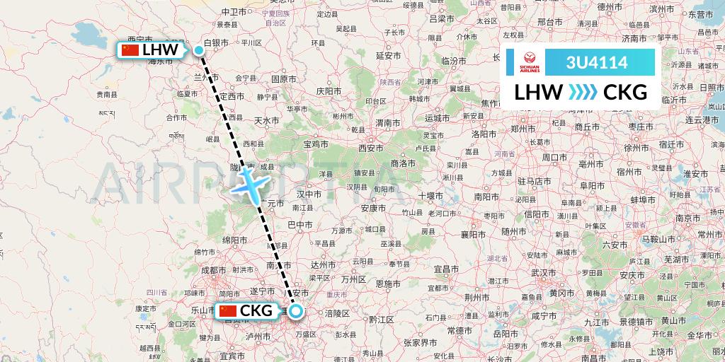 3U4114 Sichuan Airlines Flight Map: Lanzhou to Chongqing