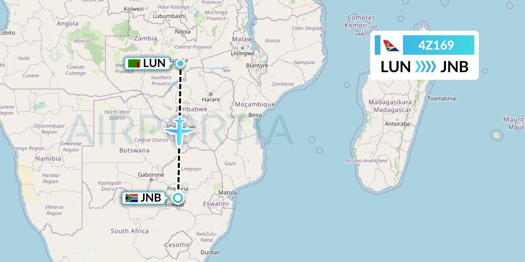4Z169 Airlink Flight Map: Lusaka to Johannesburg