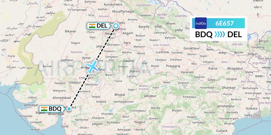 6E657 IndiGo Airlines Flight Map: Vadodara to Delhi