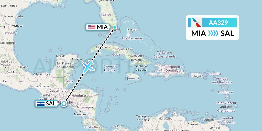 AA329 American Airlines Flight Map: Miami to San Salvador