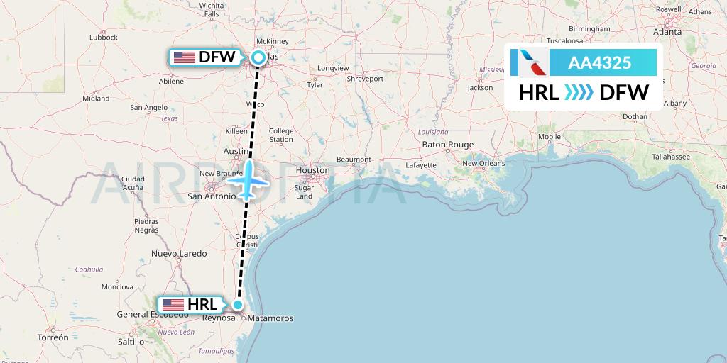 AA4325 American Airlines Flight Map: Harlingen to Dallas