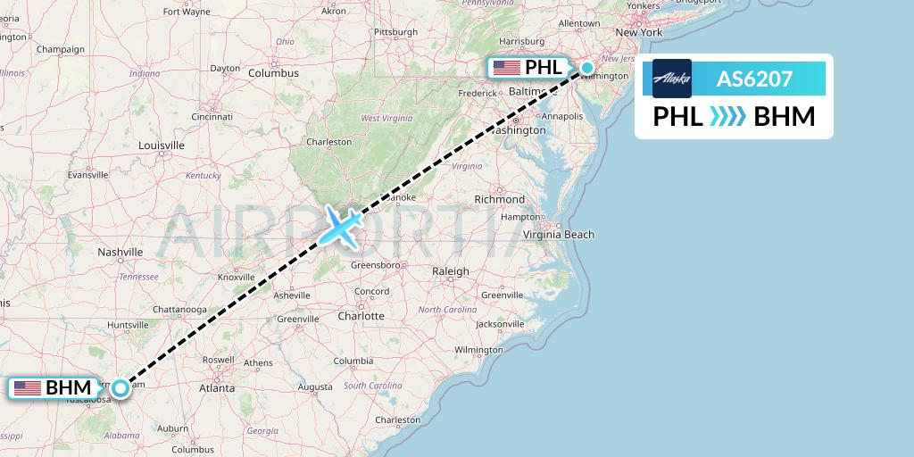 AS6207 Alaska Airlines Flight Map: Philadelphia to Birmingham
