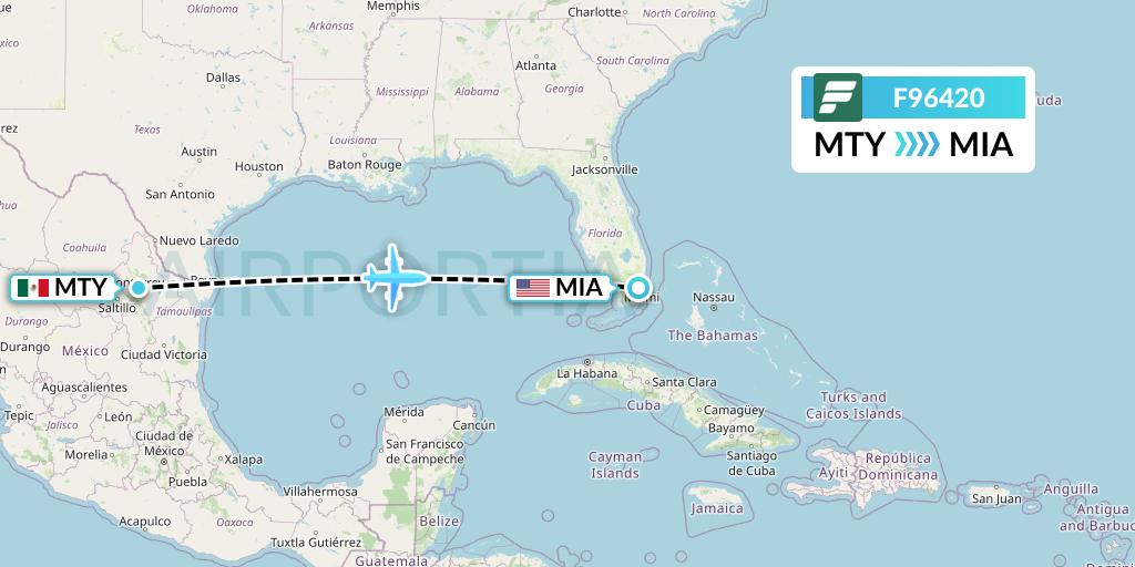 F96420 Frontier Airlines Flight Map: Monterrey to Miami