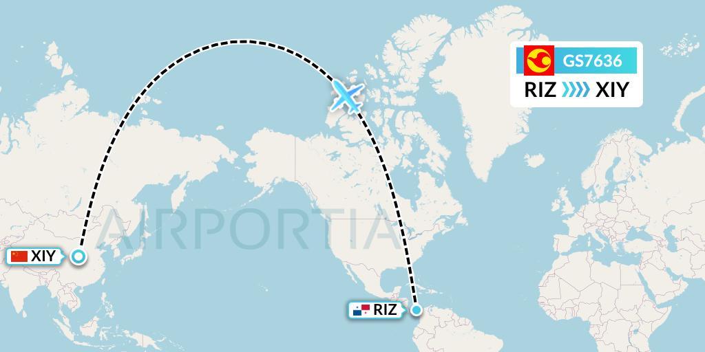 GS7636 Tianjin Airlines Flight Map: Rio Alzucar to Xi'an