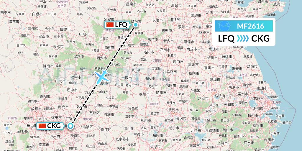 MF2616 Xiamen Airlines Flight Map: Yulin to Chongqing