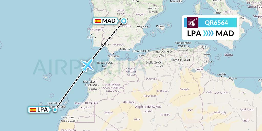 QR6564 Qatar Airways Flight Map: Las Palmas to Madrid