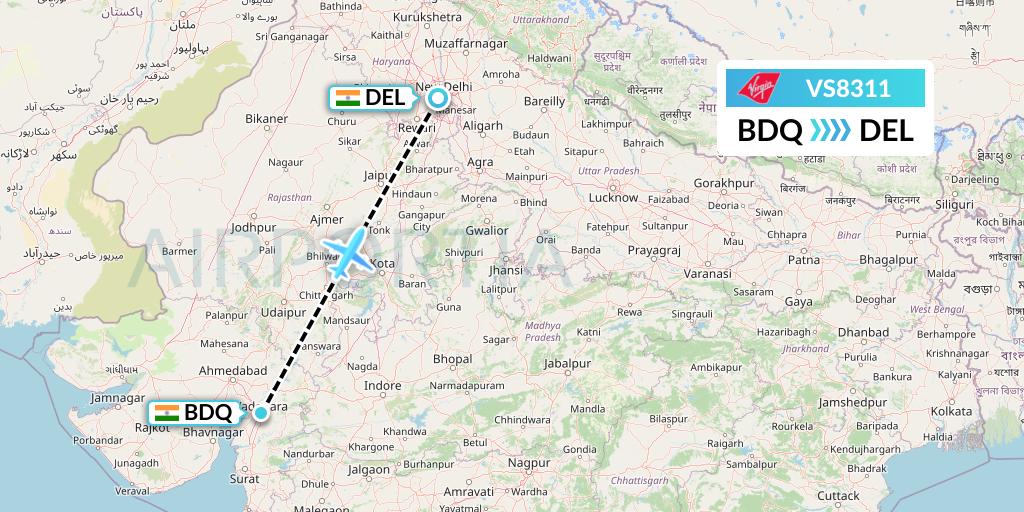 VS8311 Virgin Atlantic Airways Flight Map: Vadodara to Delhi