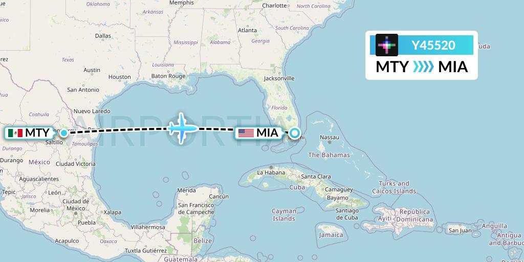 Y45520 Volaris Flight Map: Monterrey to Miami