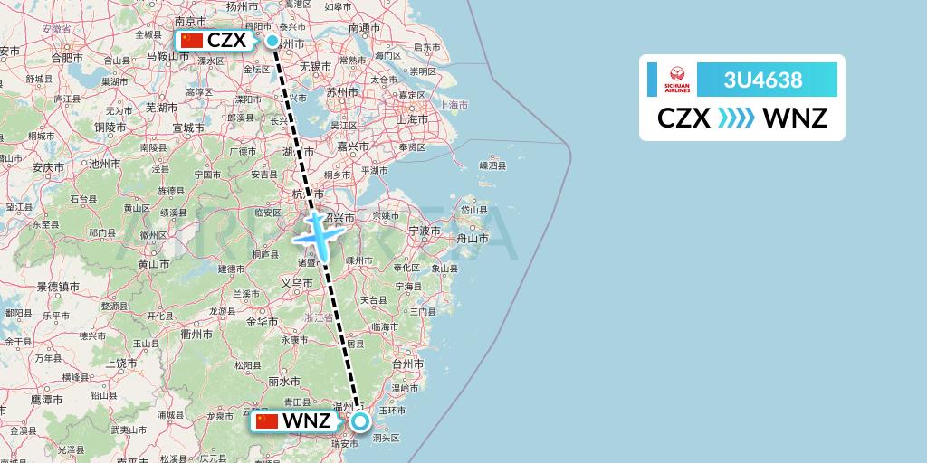 3U4638 Sichuan Airlines Flight Map: Changzhou to Wenzhou