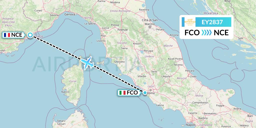 EY2837 Etihad Airways Flight Map: Rome to Nice
