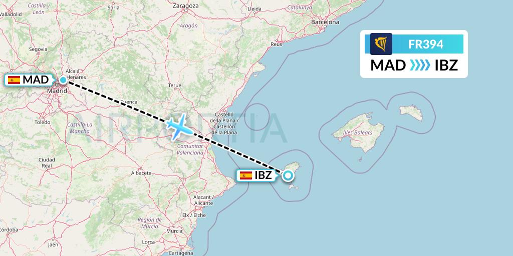 FR394 Ryanair Flight Map: Madrid to Ibiza