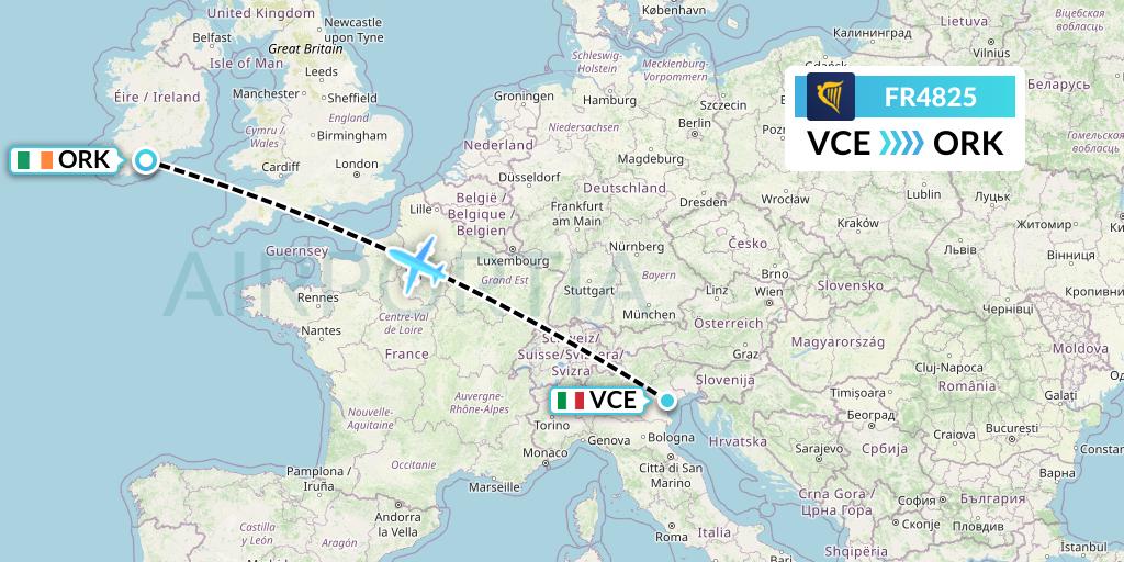 FR4825 Ryanair Flight Map: Venice to Cork