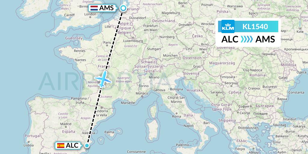 KL1540 KLM Flight Map: Alicante to Amsterdam